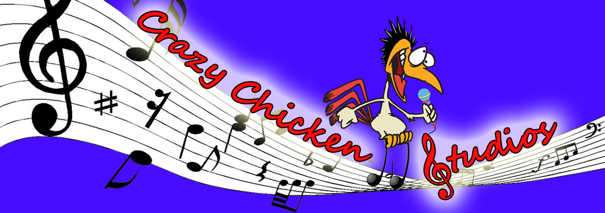 Crazy Chicken Studios logo — a cartoon chicken rock singer on a wavy musical staff