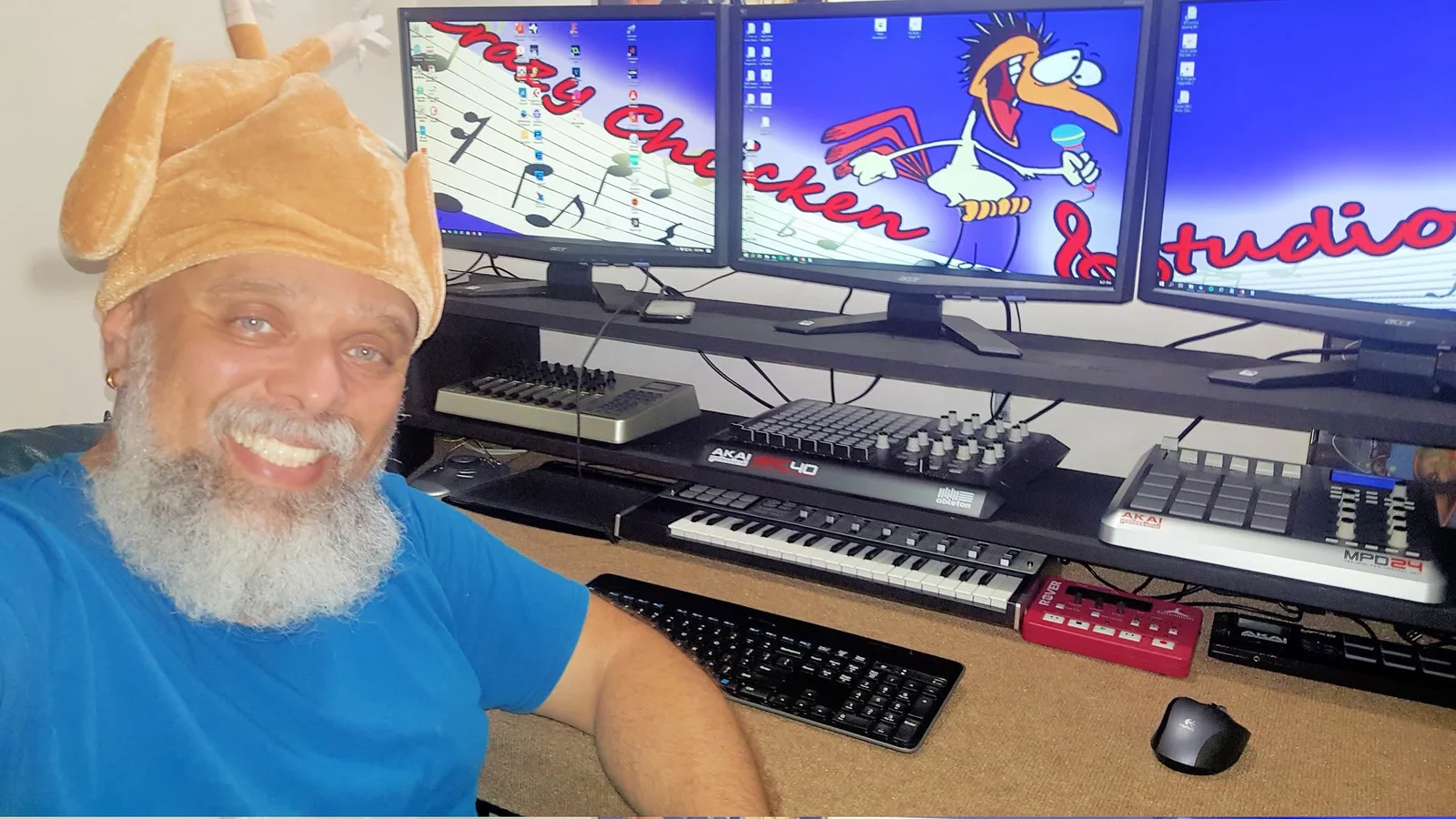 Angelo in the legendary chicken hat at the production desk